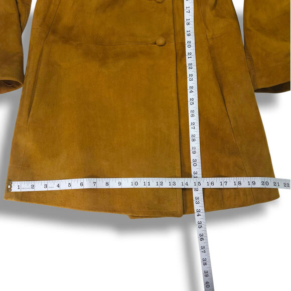 Vintage Suede Leather Fur-Trim Collar Button Front Swing Coat Mustard Ochre 8 - Picture 11 of 11